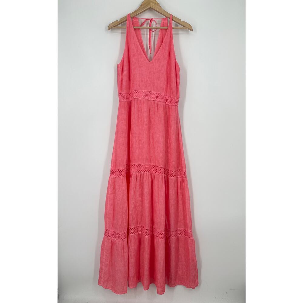 120% Lino Resort Linen Tiered Halter Maxi Dress Crochet Sleeveless, Coral Pink - Picture 3 of 14